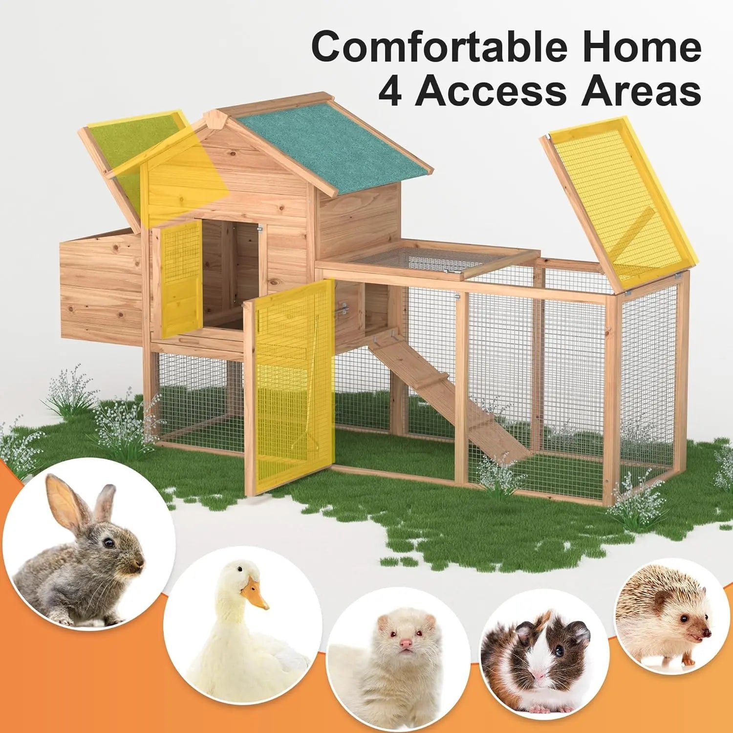 Grezone Outdoor Chicken Coop for 2-4 Chickens Wooden Hen House Poultry Pet Hutch Run Cage W/Waterproof Asphalt Roof,Ramp,Nesting Box,Wire Fence (80") Summervibes