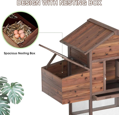 Grezone Outdoor Chicken Coop for 2-4 Chickens Wooden Hen House Poultry Pet Hutch Run Cage W/Waterproof Asphalt Roof,Ramp,Nesting Box,Wire Fence (80") Summervibes