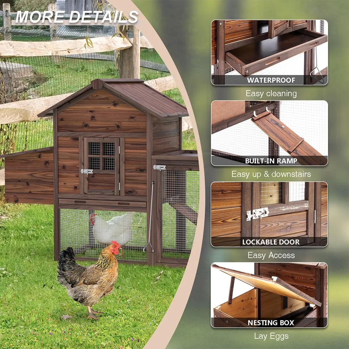 Grezone Outdoor Chicken Coop for 2-4 Chickens Wooden Hen House Poultry Pet Hutch Run Cage W/Waterproof Asphalt Roof,Ramp,Nesting Box,Wire Fence (80") Summervibes