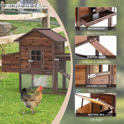 Grezone Outdoor Chicken Coop for 2-4 Chickens Wooden Hen House Poultry Pet Hutch Run Cage W/Waterproof Asphalt Roof,Ramp,Nesting Box,Wire Fence (80") Summervibes