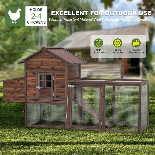 Grezone Outdoor Chicken Coop for 2-4 Chickens Wooden Hen House Poultry Pet Hutch Run Cage W/Waterproof Asphalt Roof,Ramp,Nesting Box,Wire Fence (80") Summervibes