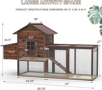 Grezone Outdoor Chicken Coop for 2-4 Chickens Wooden Hen House Poultry Pet Hutch Run Cage W/Waterproof Asphalt Roof,Ramp,Nesting Box,Wire Fence (80") Summervibes