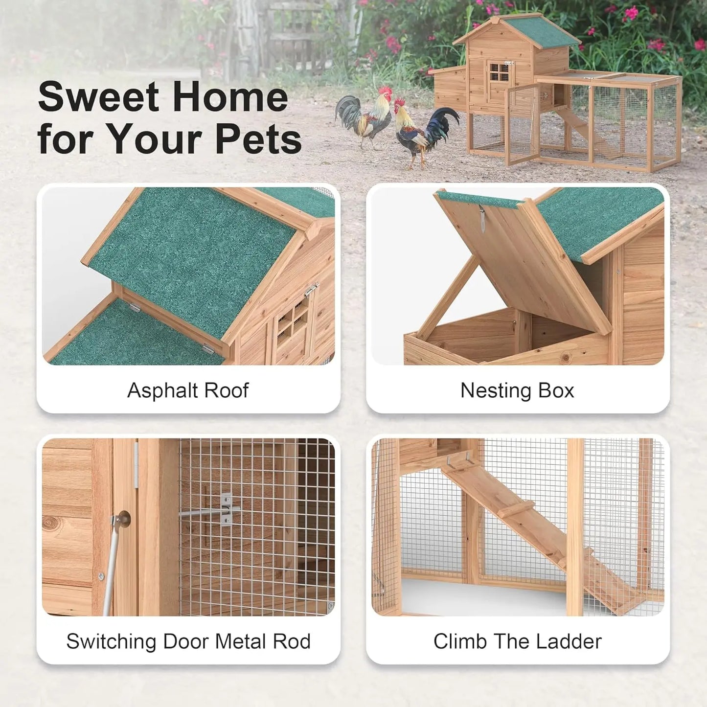 Grezone Outdoor Chicken Coop for 2-4 Chickens Wooden Hen House Poultry Pet Hutch Run Cage W/Waterproof Asphalt Roof,Ramp,Nesting Box,Wire Fence (80") Summervibes