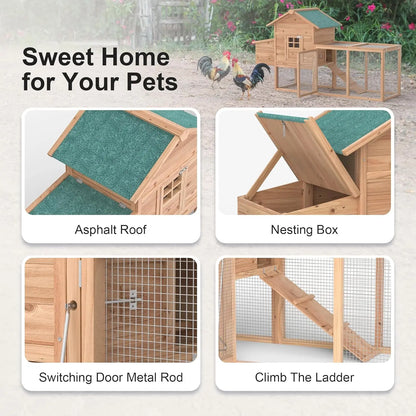 Grezone Outdoor Chicken Coop for 2-4 Chickens Wooden Hen House Poultry Pet Hutch Run Cage W/Waterproof Asphalt Roof,Ramp,Nesting Box,Wire Fence (80") Summervibes