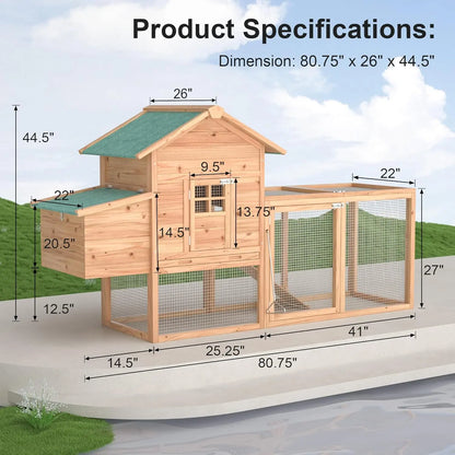 Grezone Outdoor Chicken Coop for 2-4 Chickens Wooden Hen House Poultry Pet Hutch Run Cage W/Waterproof Asphalt Roof,Ramp,Nesting Box,Wire Fence (80") Summervibes